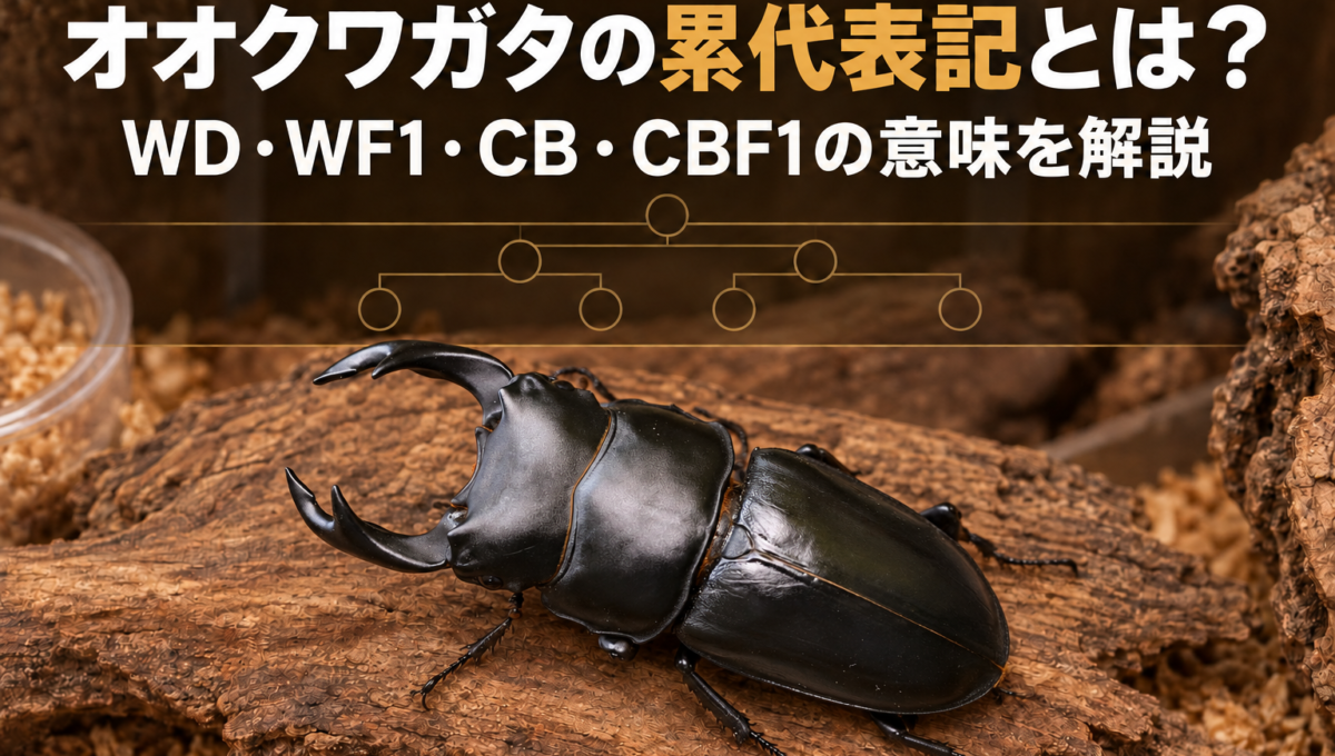 オオクワガタの累代表記(WD・WF1・CB・CBF1)を解説するアイキャッチ画像
