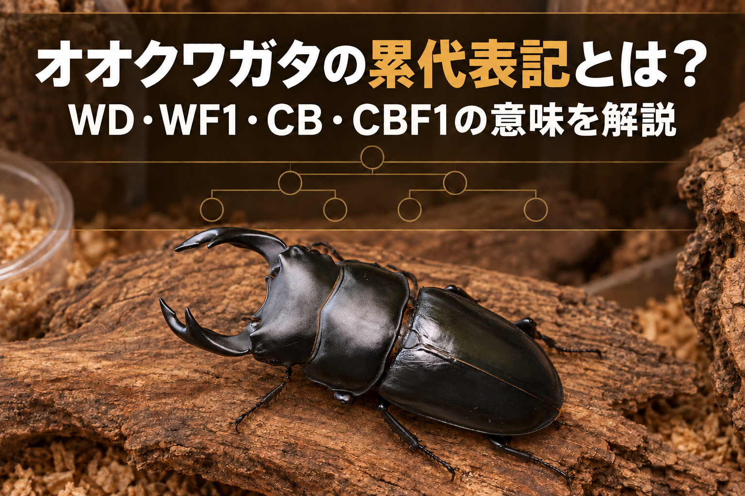 オオクワガタの累代表記（WD・WF1・CB・CBF1）を解説するアイキャッチ画像