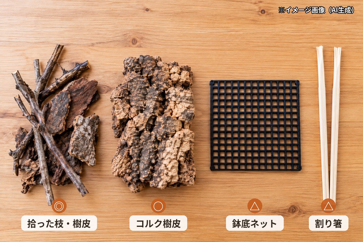 転倒防止材の代用品4種の比較：拾った枝・樹皮、コルク樹皮、鉢底ネット、割り箸（AI生成のイメージ画像）